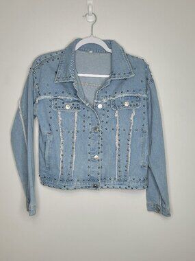 Blue denim button front studded western bold grunge unique jacket size small